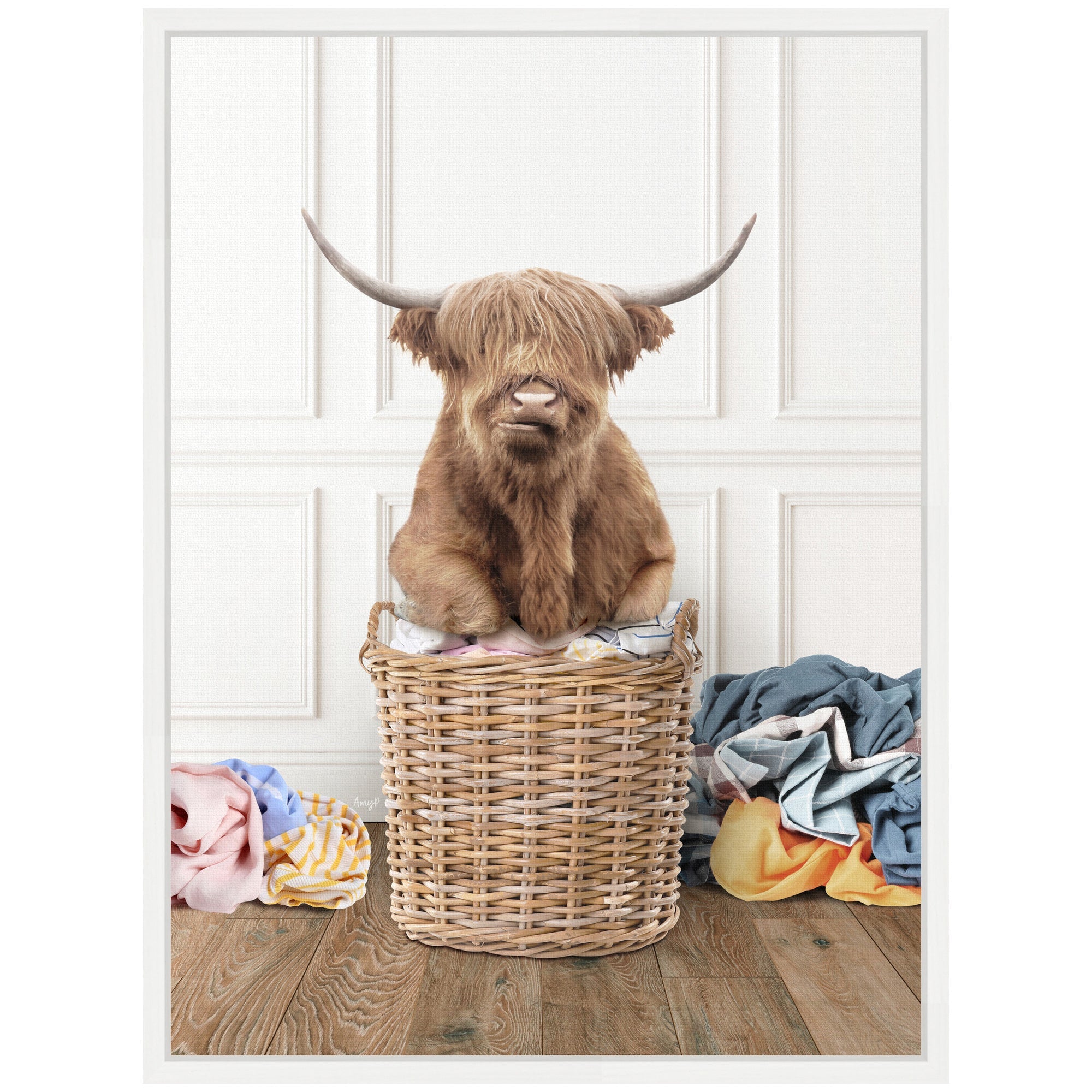 Sylvie Highland Cow Traditional Laundry Framed Canvas by Amy Peterson